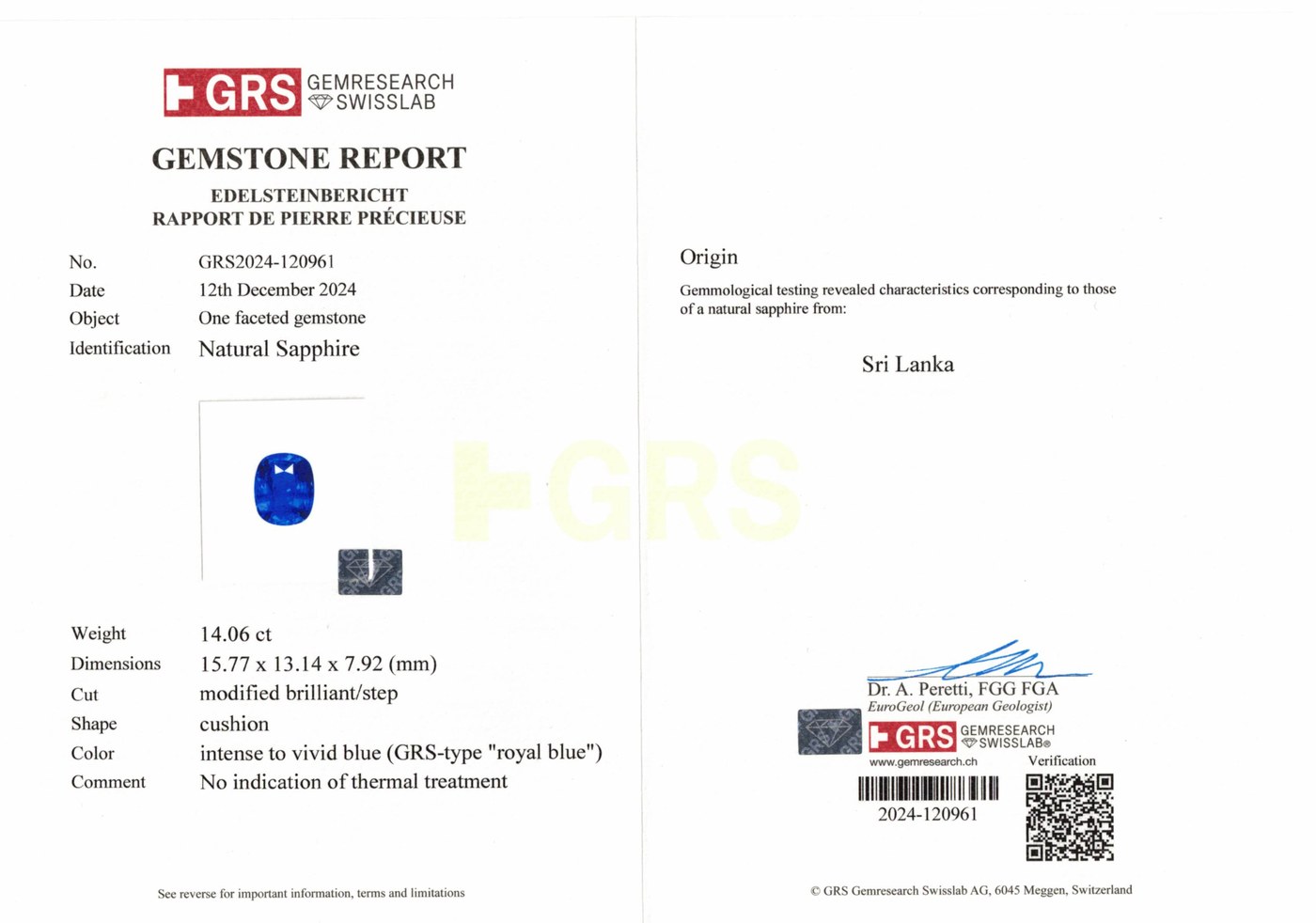 GRS Gemstone Report — Royal Blue Sapphire